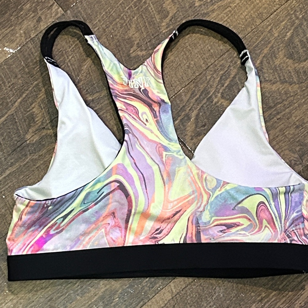 PINK Victoria's Secret Pastel Marble Racerback Bralette Black Trim Tie Dye Small - Picture 3 of 7
